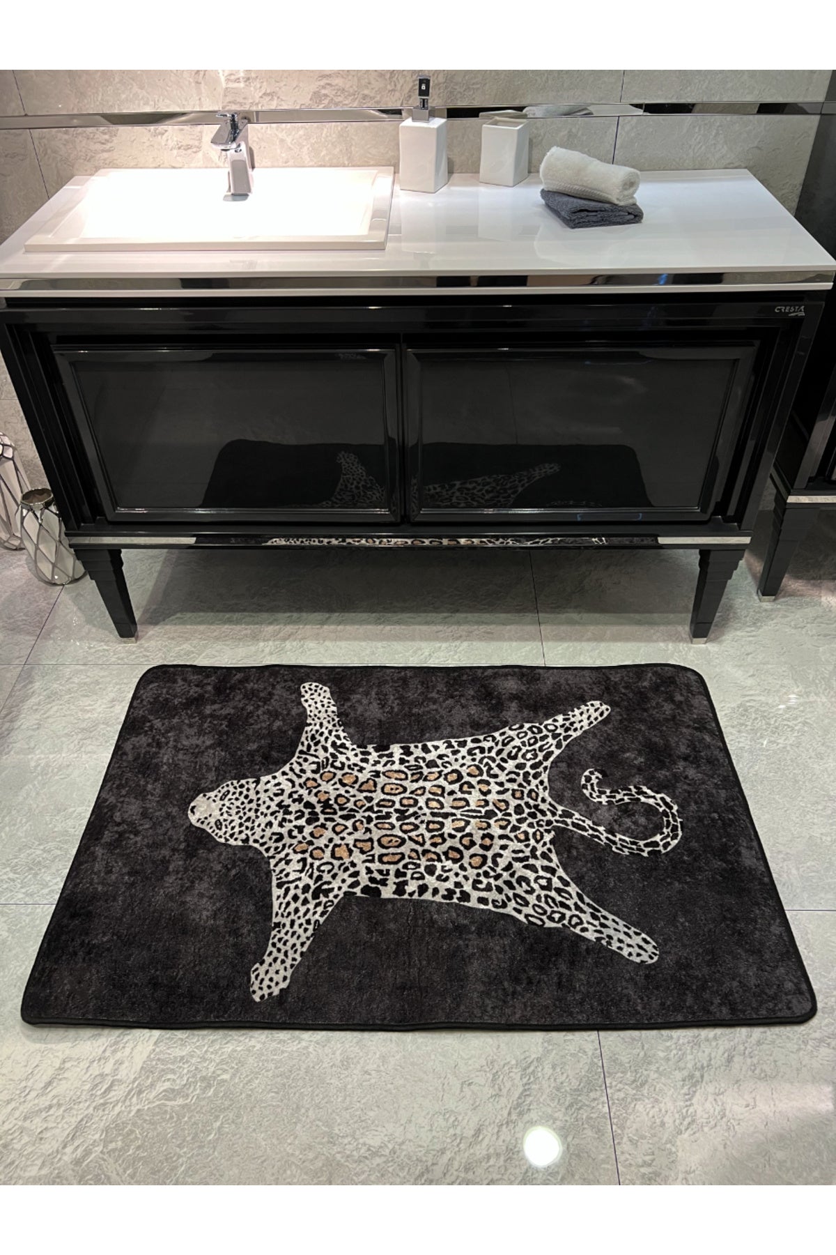 Leopar Desen Yıkanabilir 80x120 Tekli Banyo Paspası - Siyah