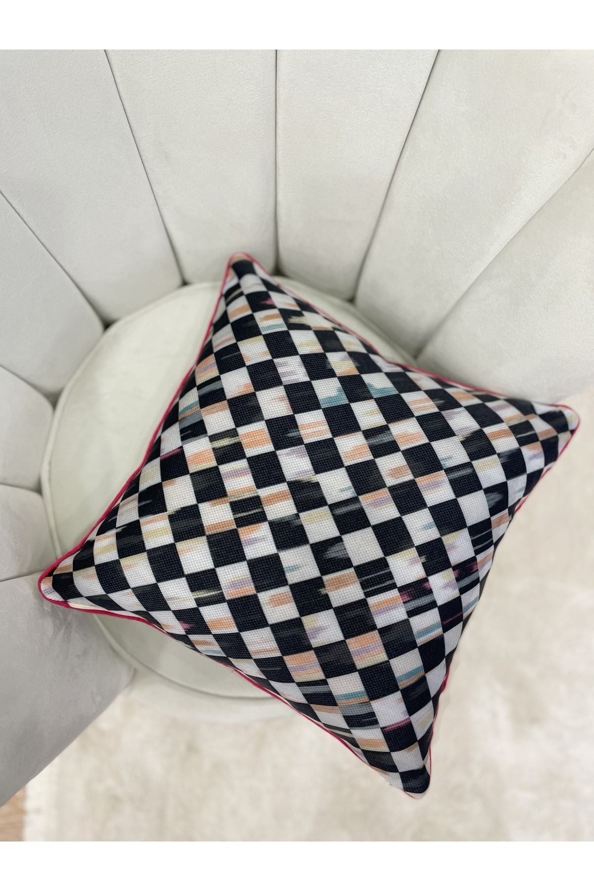 Damalı Keten Görünümlü Kenar Biyeli Kırlent Kılıfı (45x45)