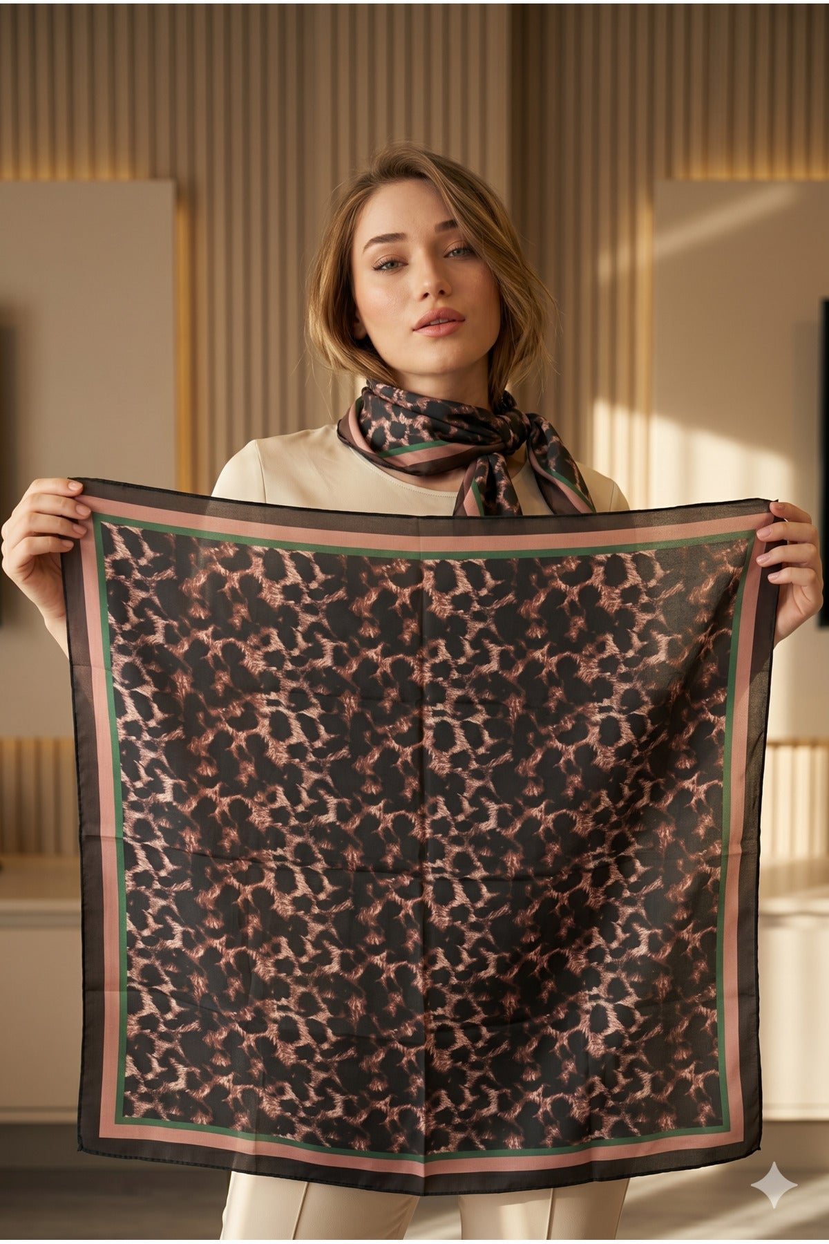 Kadın Leopar Desenli Saten Boyun Fuları Bandana 70x70 Kahverengi FLR2004