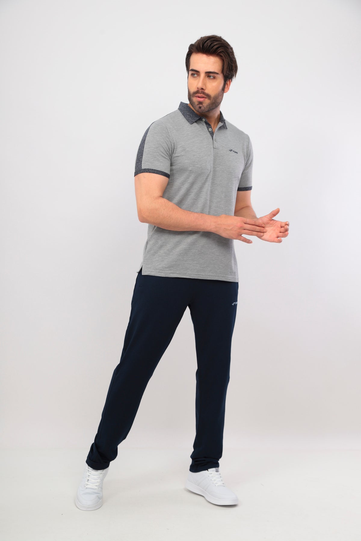 Erkek Gri Melanj Lacivert Polo Yaka T-shirt Takım