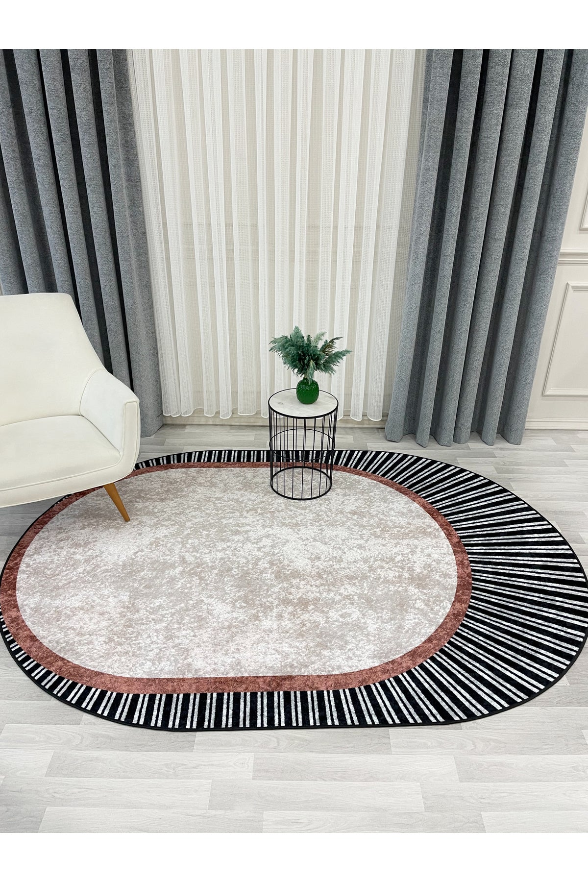 YEŞİL Renk Çizgili Oval Kaymaz Taban Halı