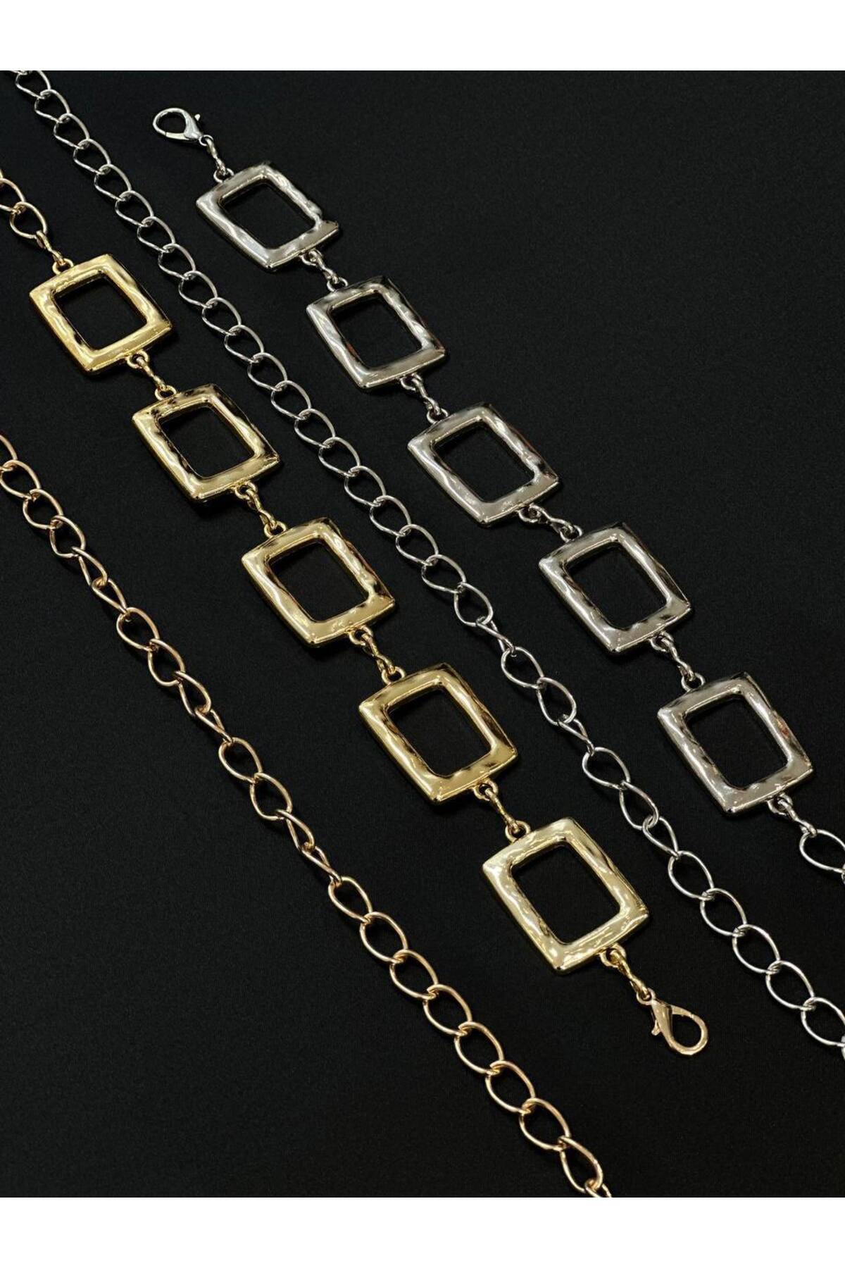 2'li Kare Gold Gümüş Detaylı Kadın Bel Zinciri Detaylı Kadın Bel Zinciri Bel Kemeri,Elbise Kemeri,