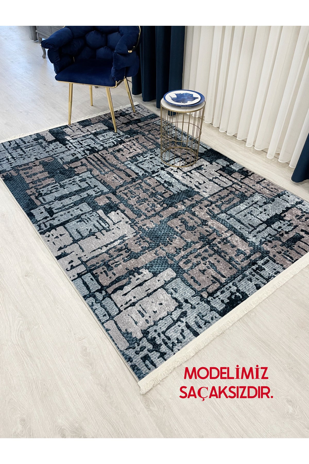 Bej-Mavi Renk Abstract Desen Dokulu Görünümlü Lateks Deri Taban Halı
