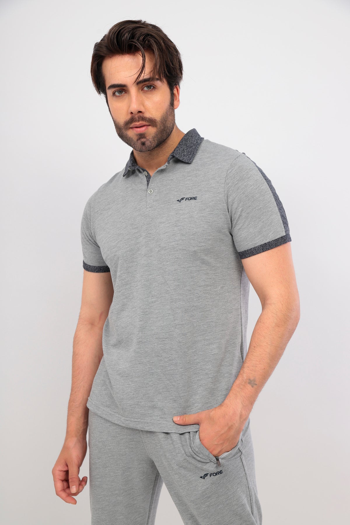 Erkek GriMelanj Polo Yaka T-shirt Takım