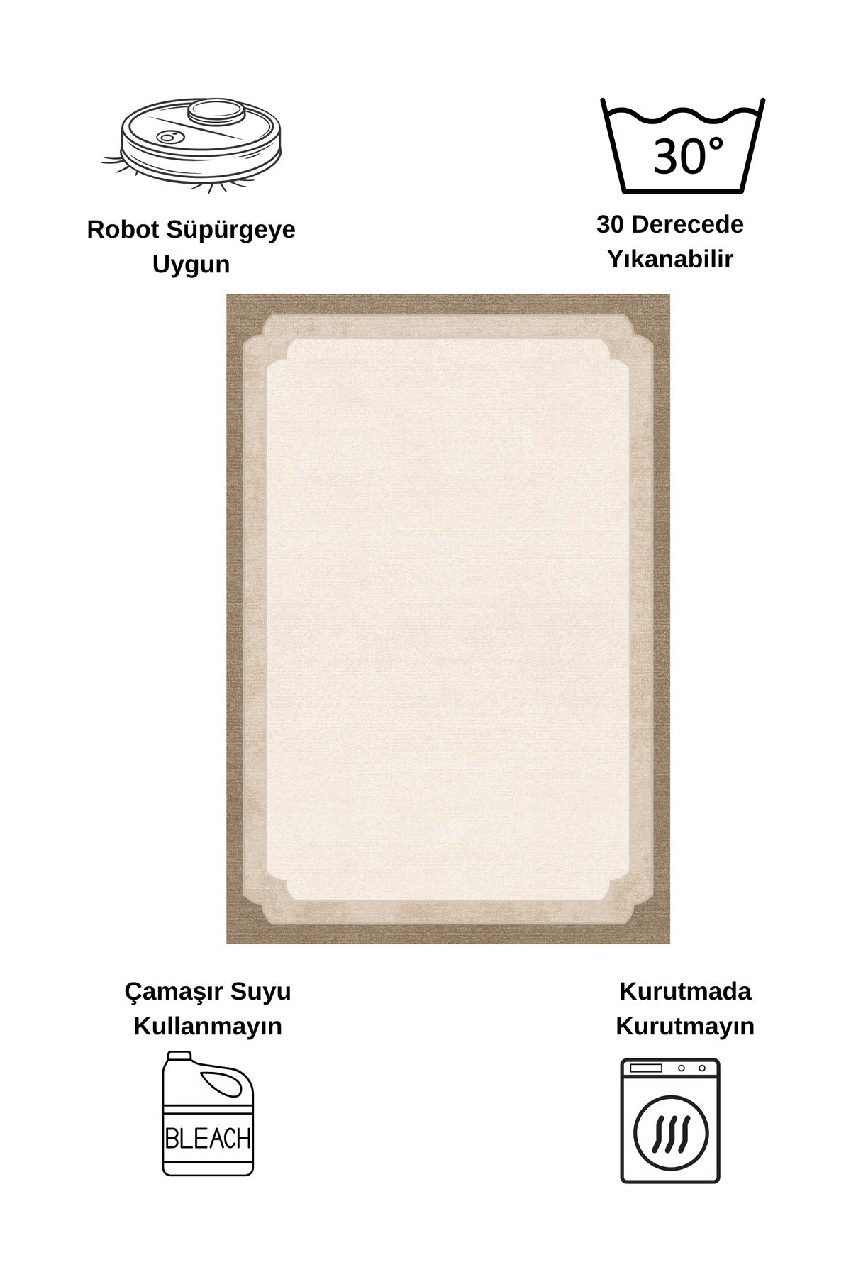 Bej Kahve Çerçeve Kenarlı Modern Desenli Lateks Taban Halı