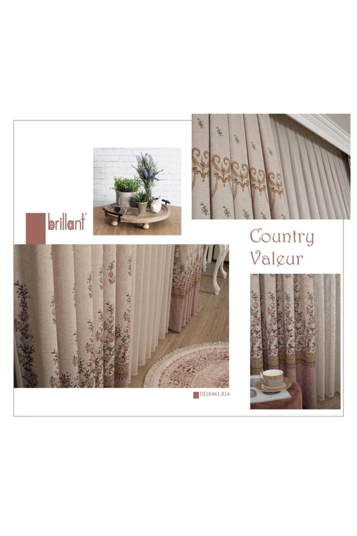 Country Collection 1/3 Sık Pile Natural Keten Çiçek Desenli Fon Perde
