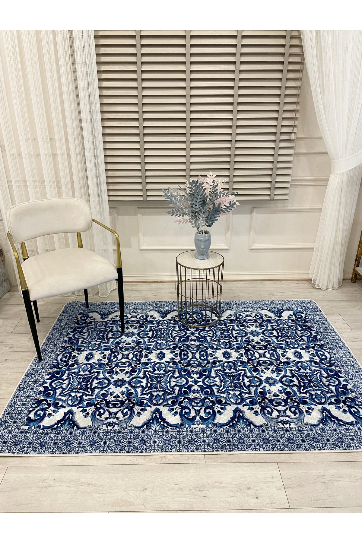 Lacivert-Gri Blue Blanc Modern Lateks Kaymaz Taban Halı