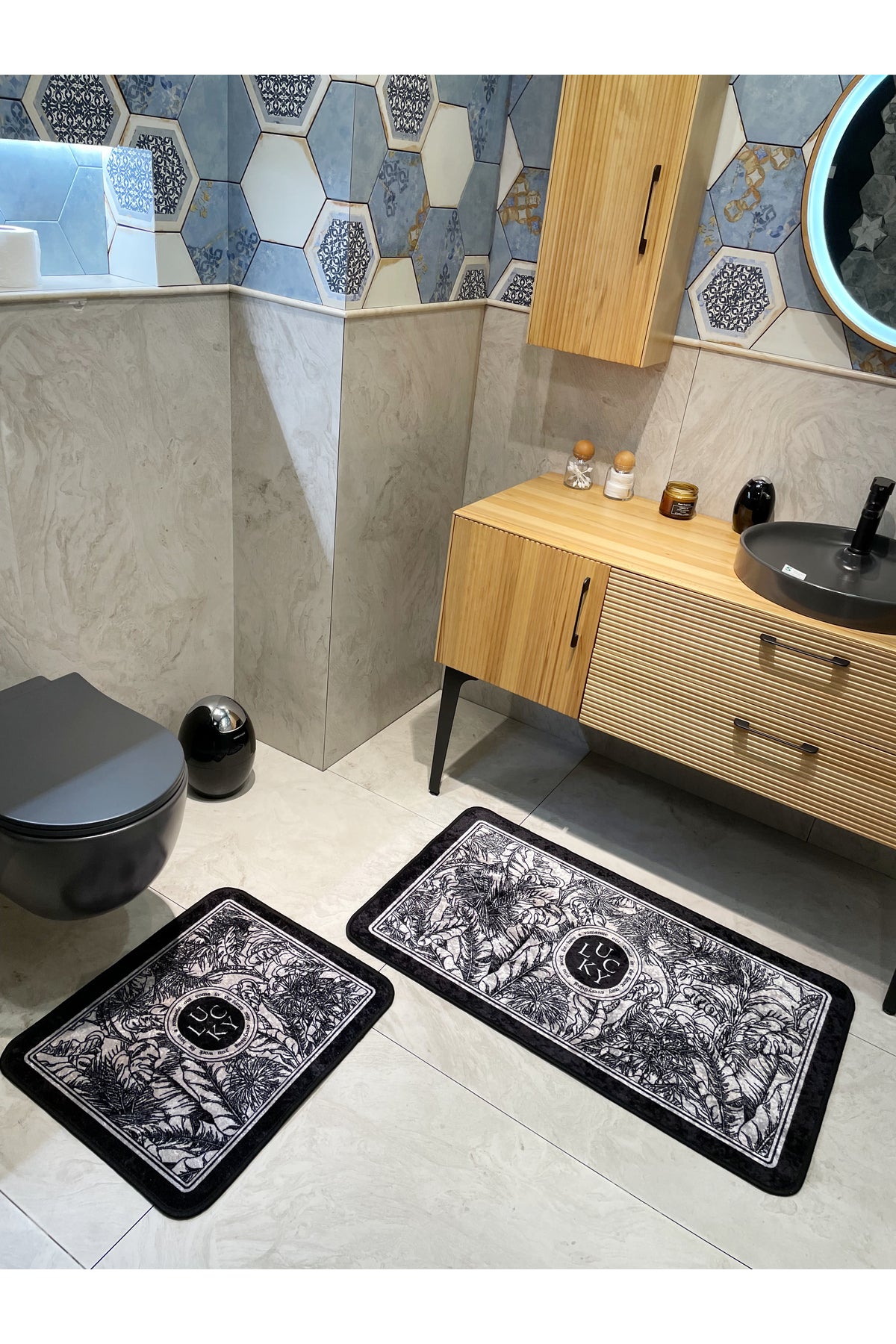 2 li Çiçek Desenli 60x100 - 60x50 Lucky Lateks Taban Banyo Paspas