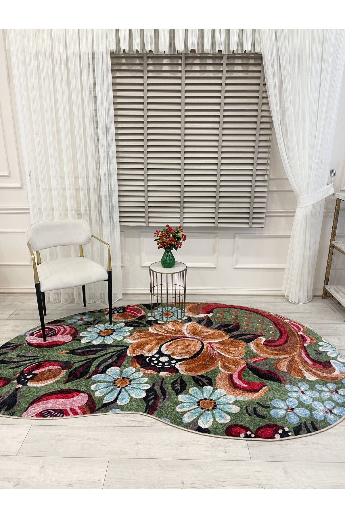 Yeşil Çiçek Desenli Floral Lateks Taban Halı