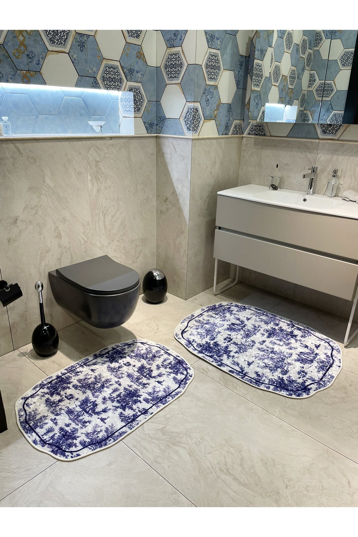 Toile de Jouy Temalı Tekli Lateks Taban Banyo Paspası (80X120)