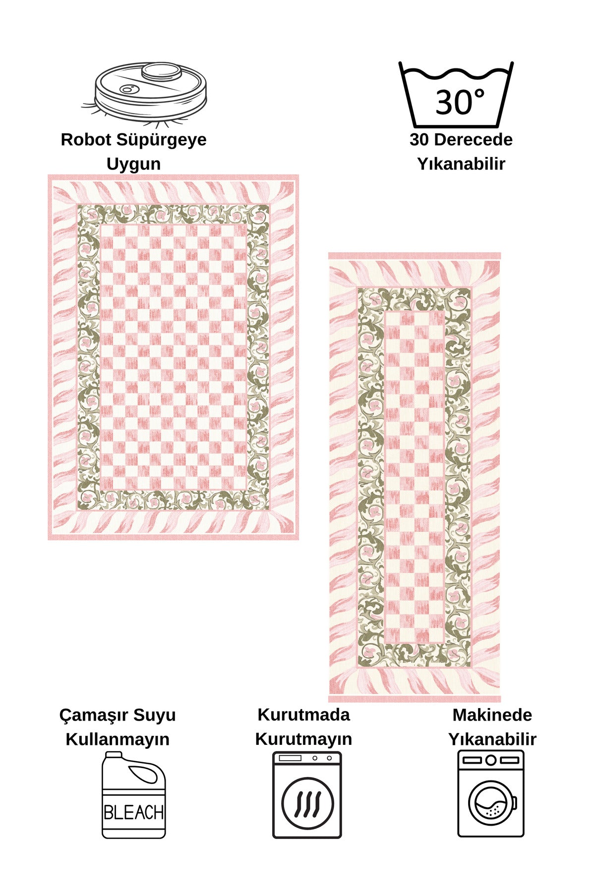 Pembe Renk- Mackenzie Stili Damalı Mutfak Antre Yolluk Halı