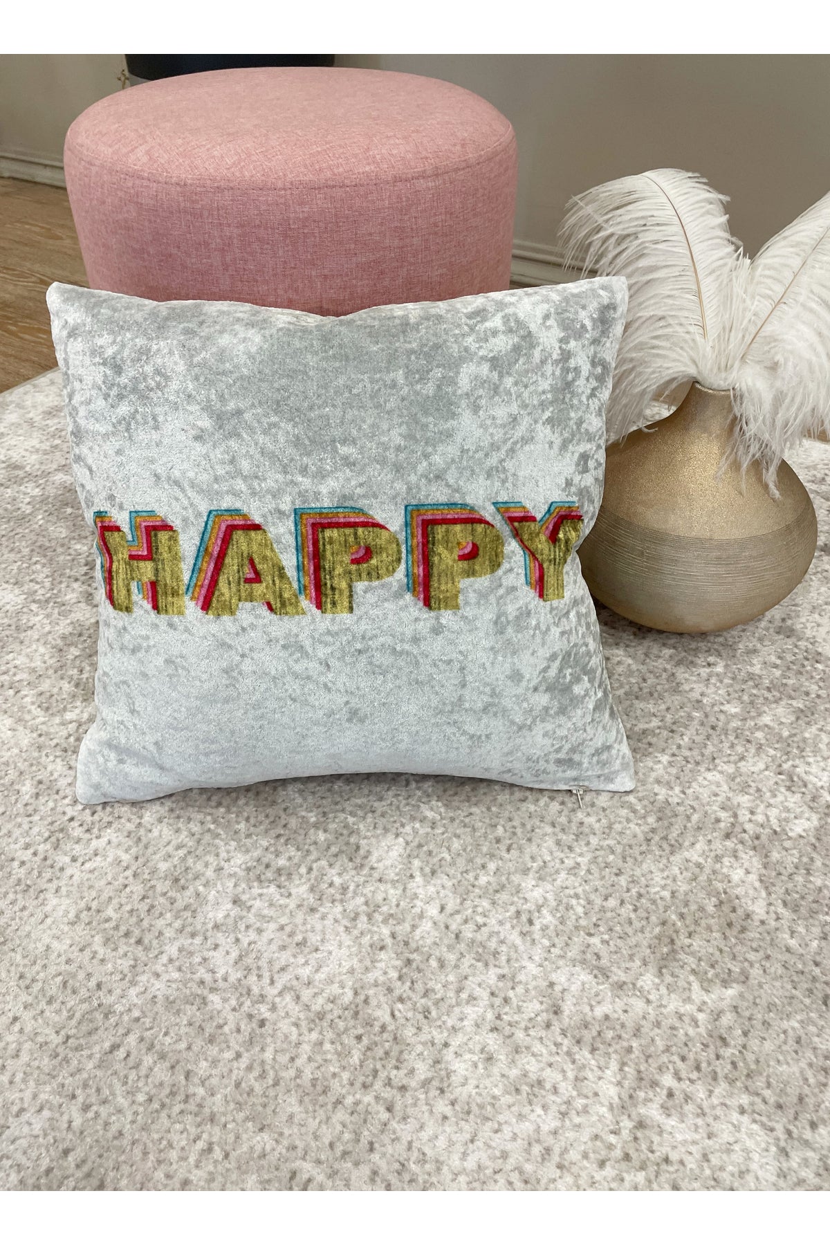 %100 Kadife Happy Yazı Desenli Kırlent Yastık Kılıfı (GRİ)