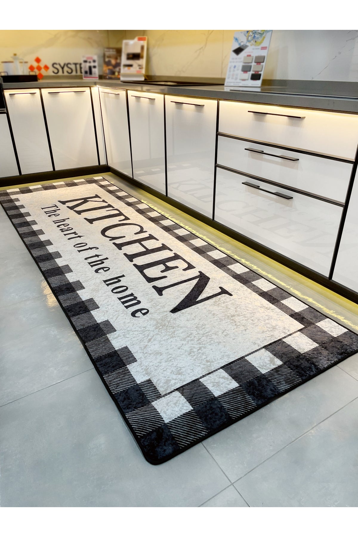 Bej Siyah Kitchen Lateks Deri Taban Mutfak Halısı