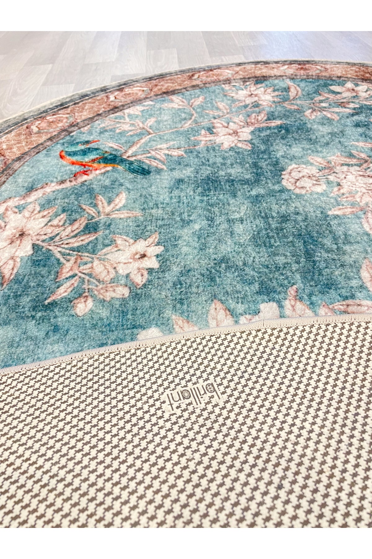 Soft Mavi Kuş Desenli Lateks Taban Oval Halı