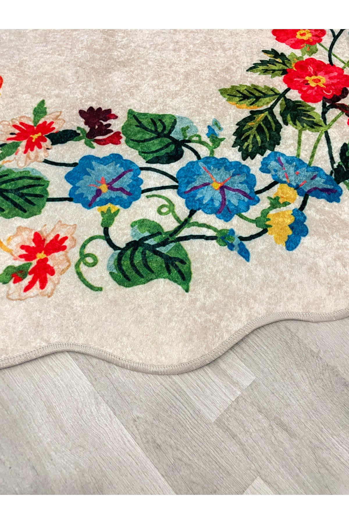 Floral Çiçek Desenli Dalgalı Kesim Lateks Taban Antre Mutfak Halısı