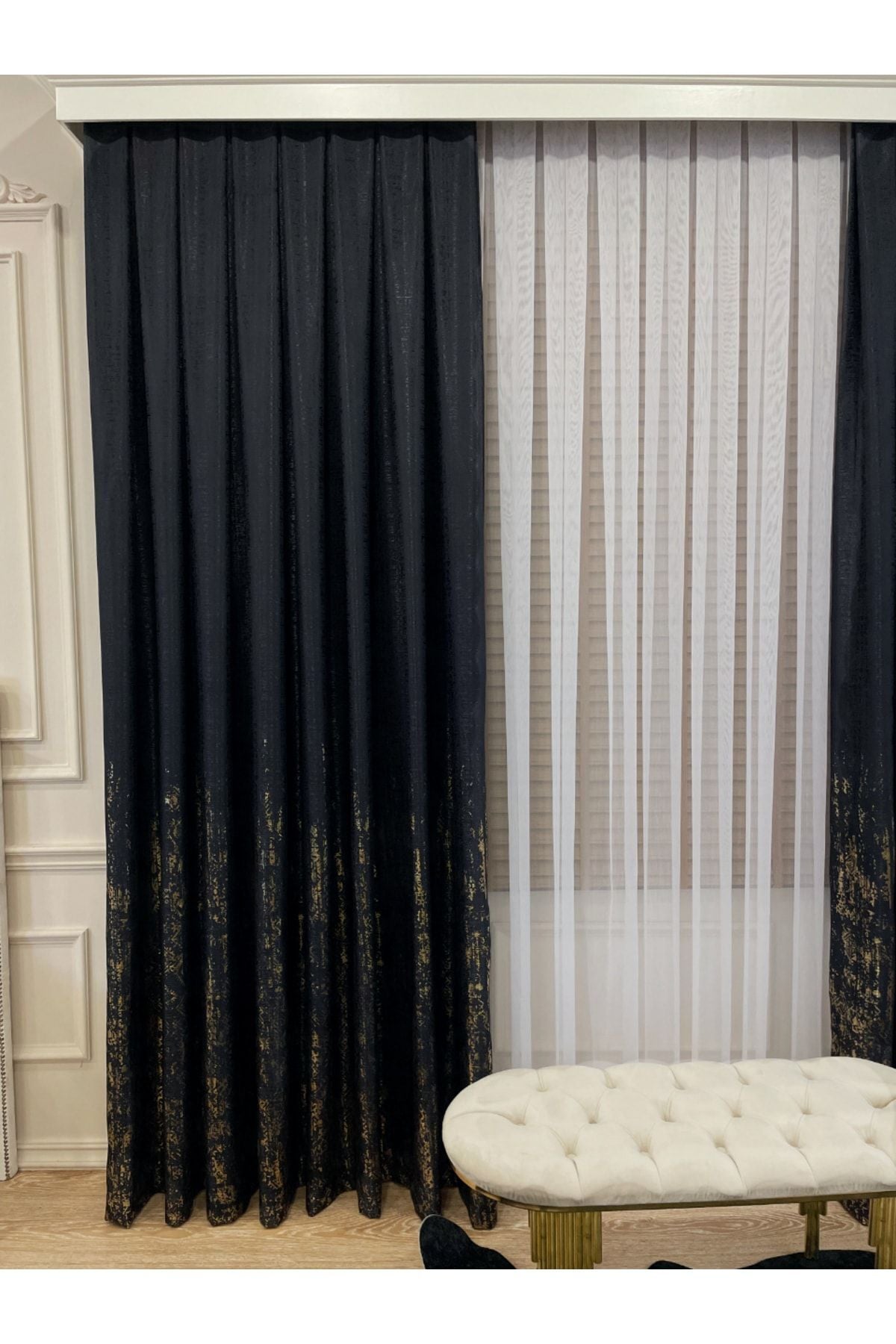 Jakar Zemin Varaklı Desen 1/3 Sık Pile Fon Perde - Bej - Altın Varaklı