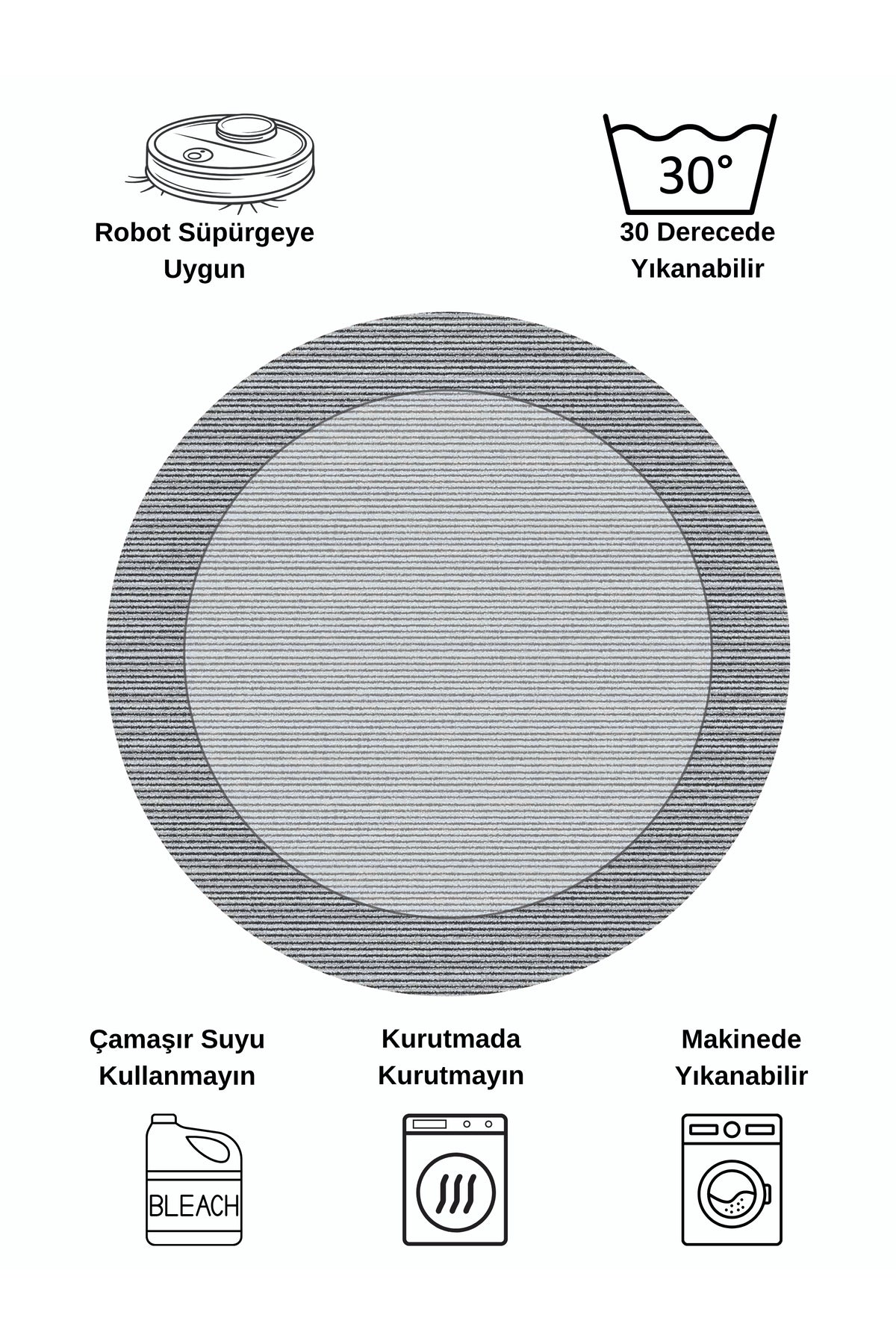 GRİ Renk Kaymaz Taban Yuvarlak Halı