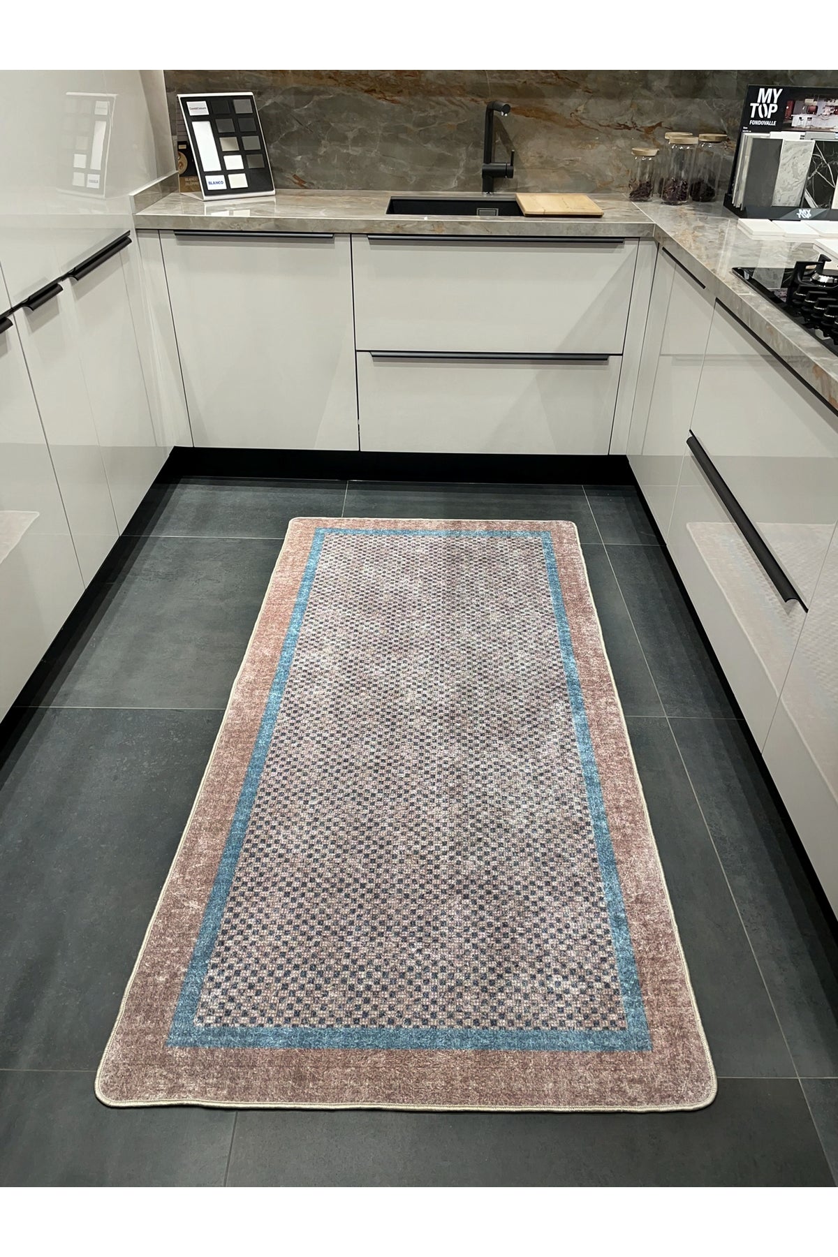 GRİ Jüt Sisal Görünüm Bordürlü Kaymaz Taban Yolluk Mutfak Halı
