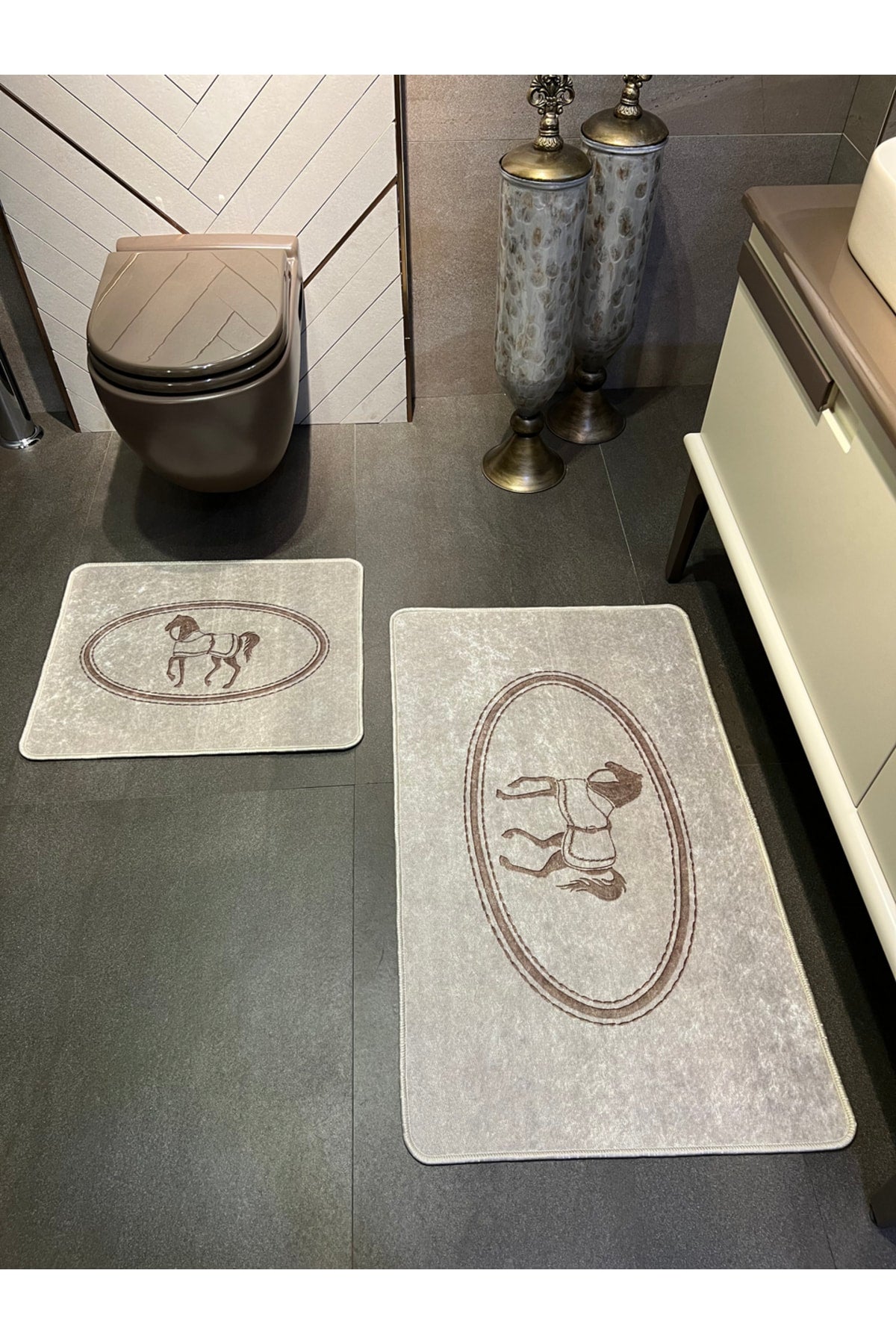 Siyah At Desen Horse Desenli 2'li Deri Taban Banyo Paspas (60x100 - 60x50)