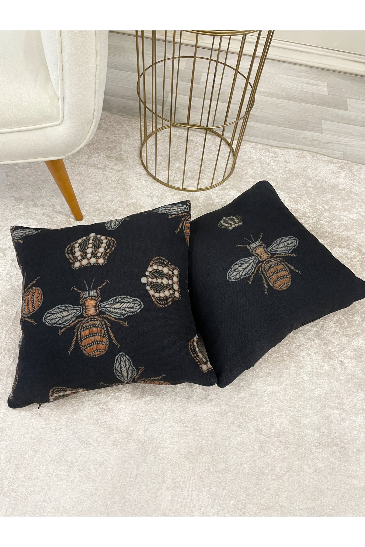 2 Ii Kraliçe Arı İşleme Görünüm Dokuma Kumaş Kırlent Kılıfı 45x45