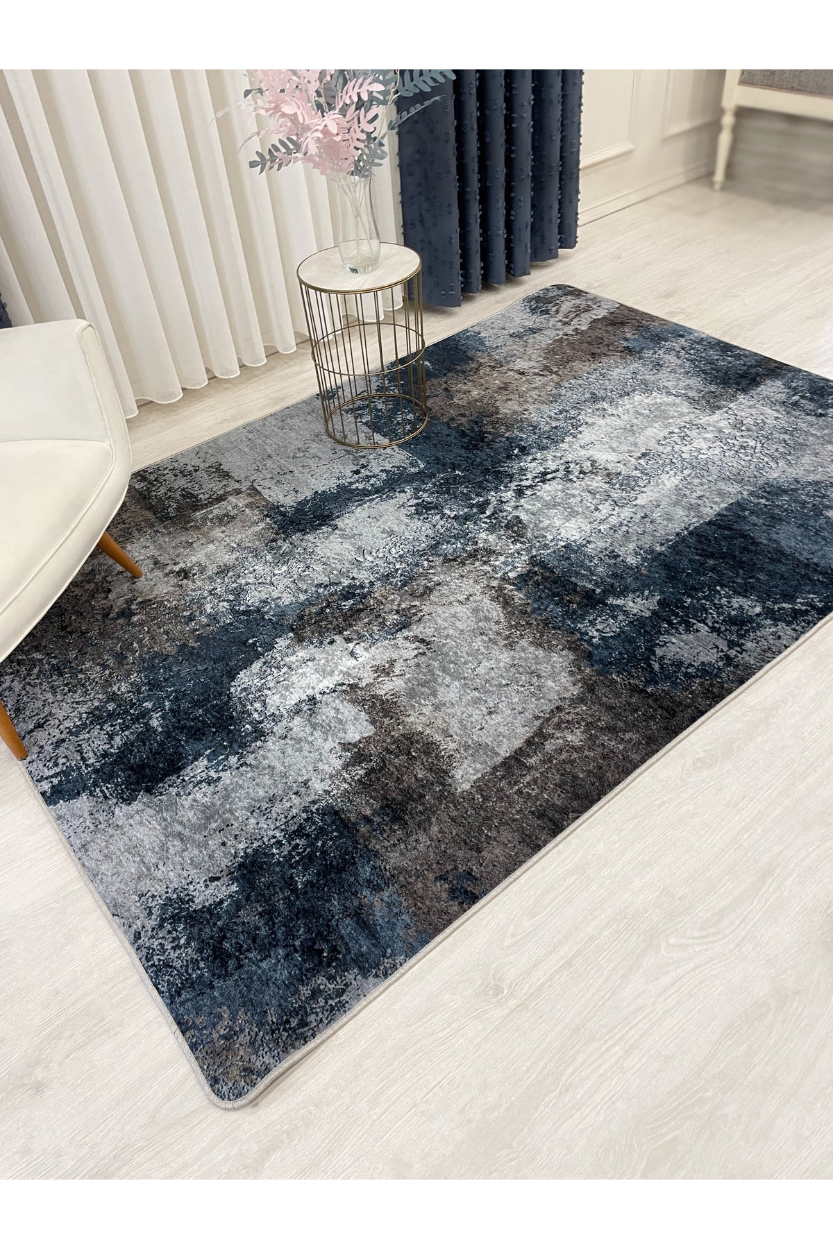 GRİ-LACİVERT Abstract Desenli Kaymaz Taban Yolluk Halı