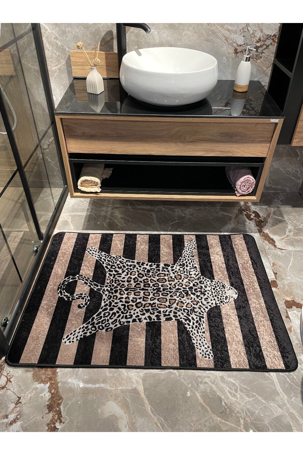 Leopar Desen Çizgili Tekli Banyo Paspası - Bej-kahverengi Ebat (80x120)