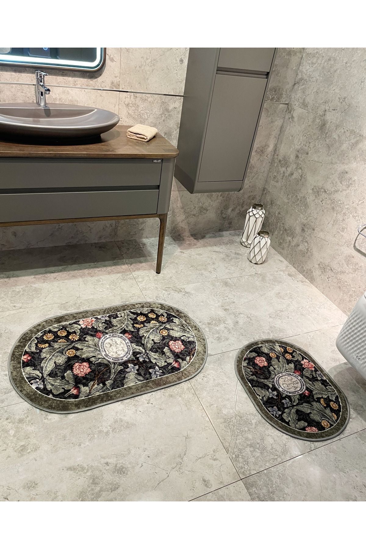 2 li Çiçek Desenli 60x100 - 60x50 Botanic Lateks Taban Banyo Paspas