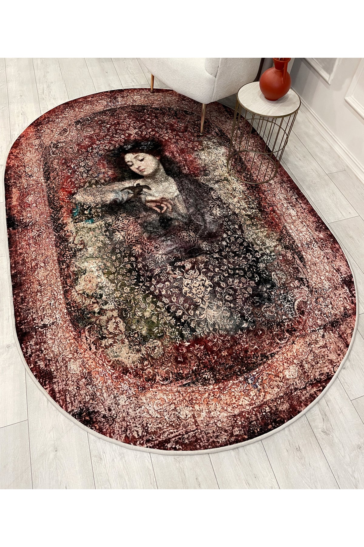 Kahve-Kırmızı Eskitme Vintage Etnik Desenli Oval Lateks Taban Halı