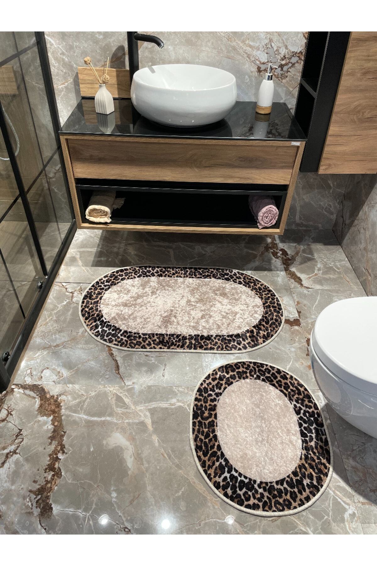 2 'li Leopar Desen Banyo Paspası - Kahverengi Ebat (60X100 - 60X50)