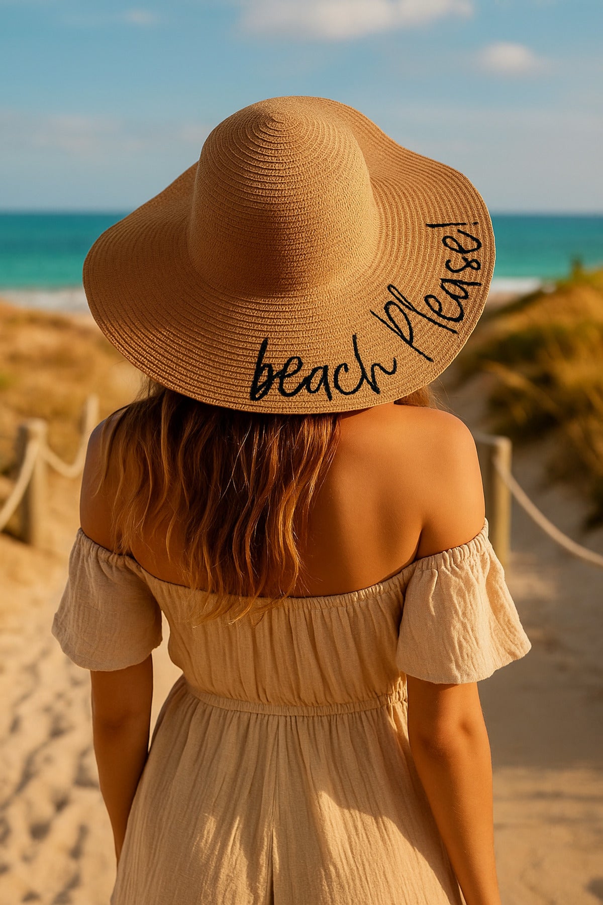 Beach Please Nakışlı Camel Hasır Şapka Hsr2029