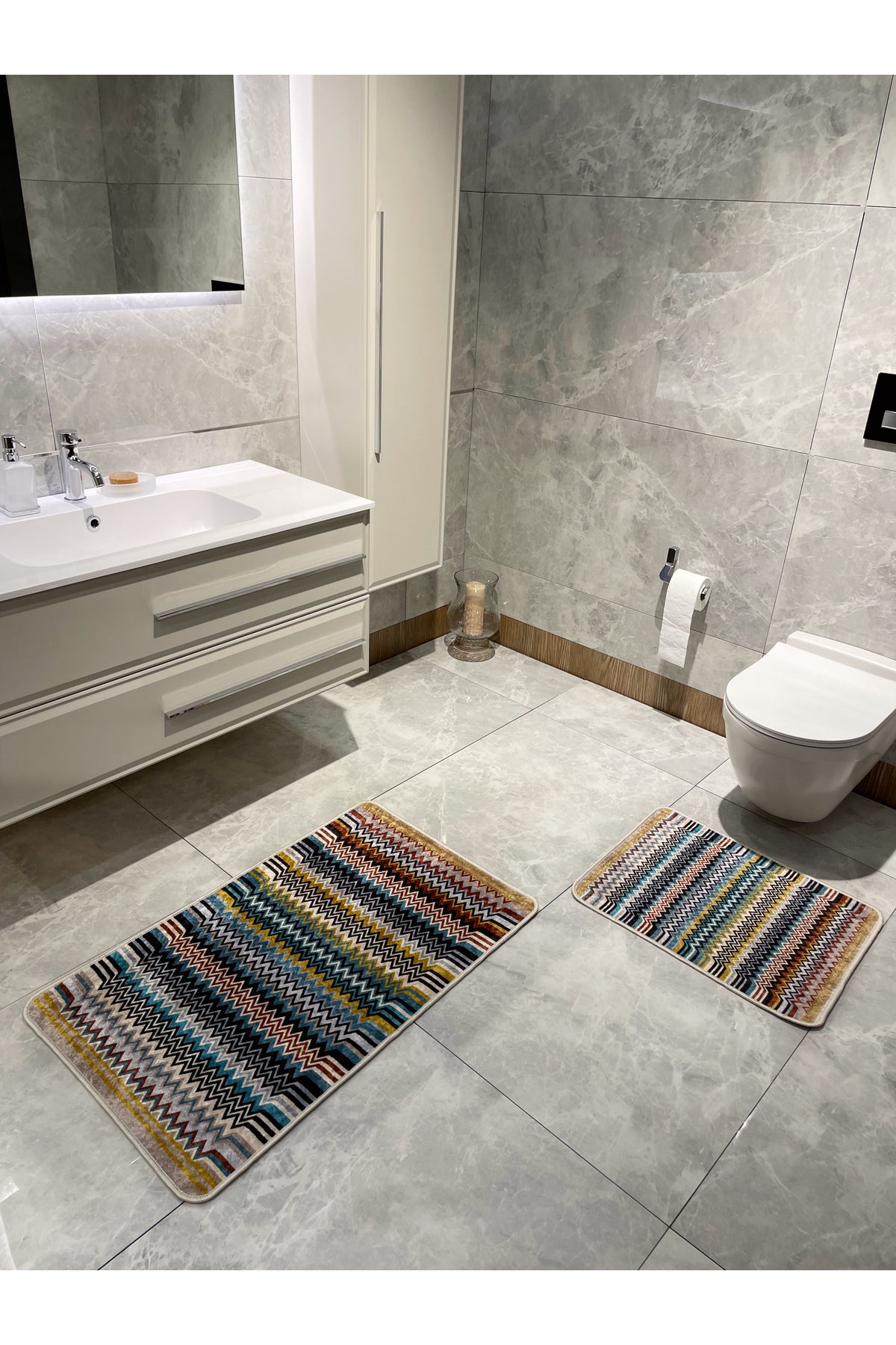 Misson Zigzag Desenli 2 li Deri Taban Banyo Paspas (60x100 - 60x50)
