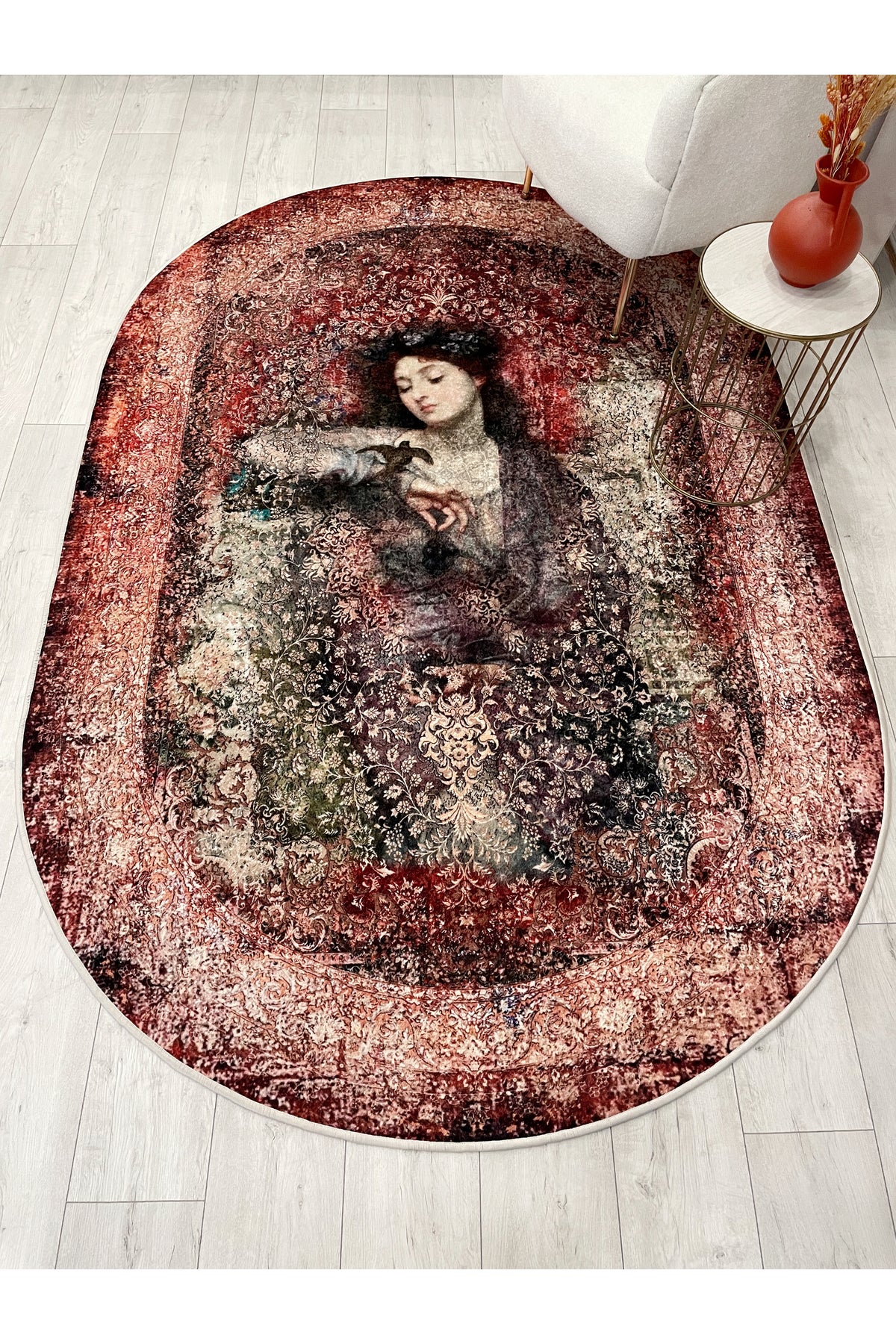 Kahve-Kırmızı Eskitme Vintage Etnik Desenli Oval Lateks Taban Halı