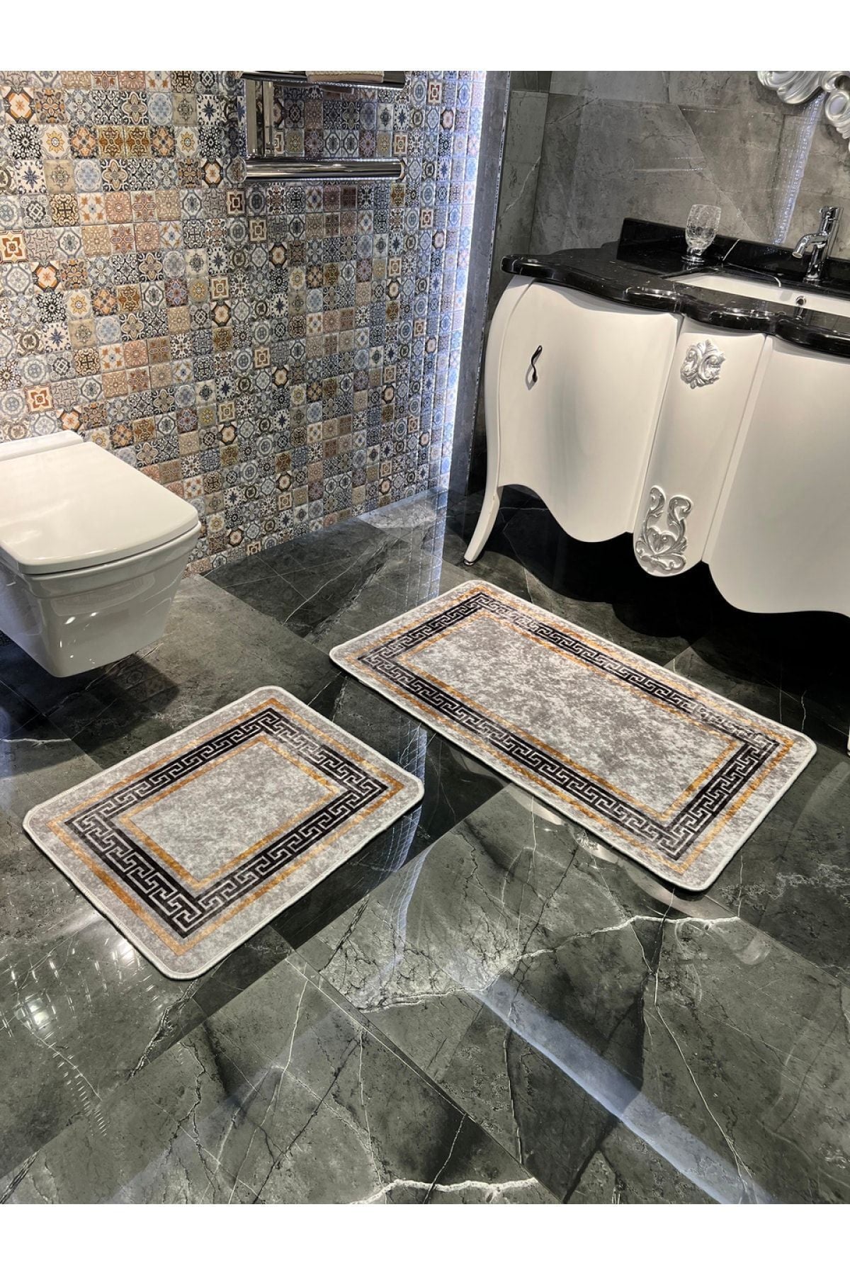 Bordürlü Desenli 2'li Lateks Deri Taban Banyo Paspas Takımı (60X100 - 60X50) Siyah