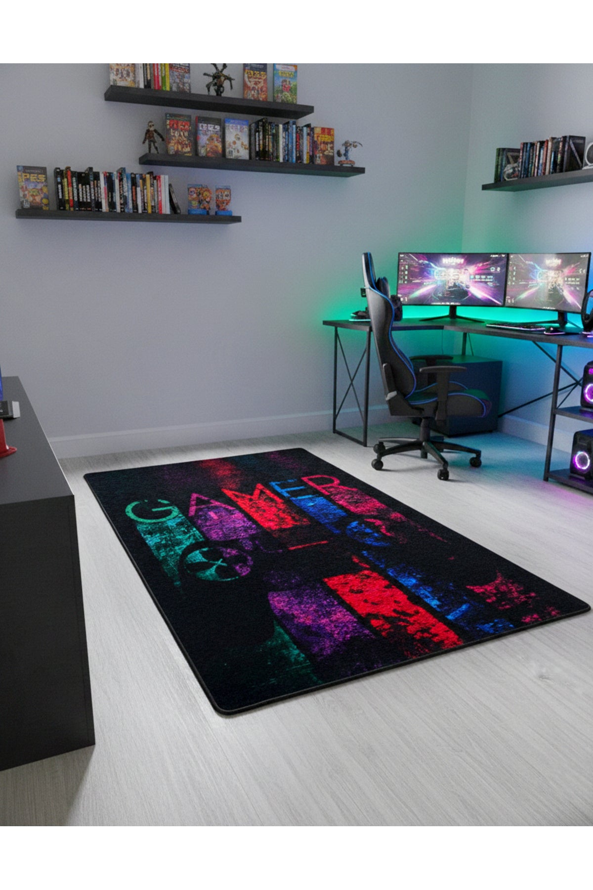 Gamer Oyuncu Siyah Genç Odası Lateks Deri Taban Halı