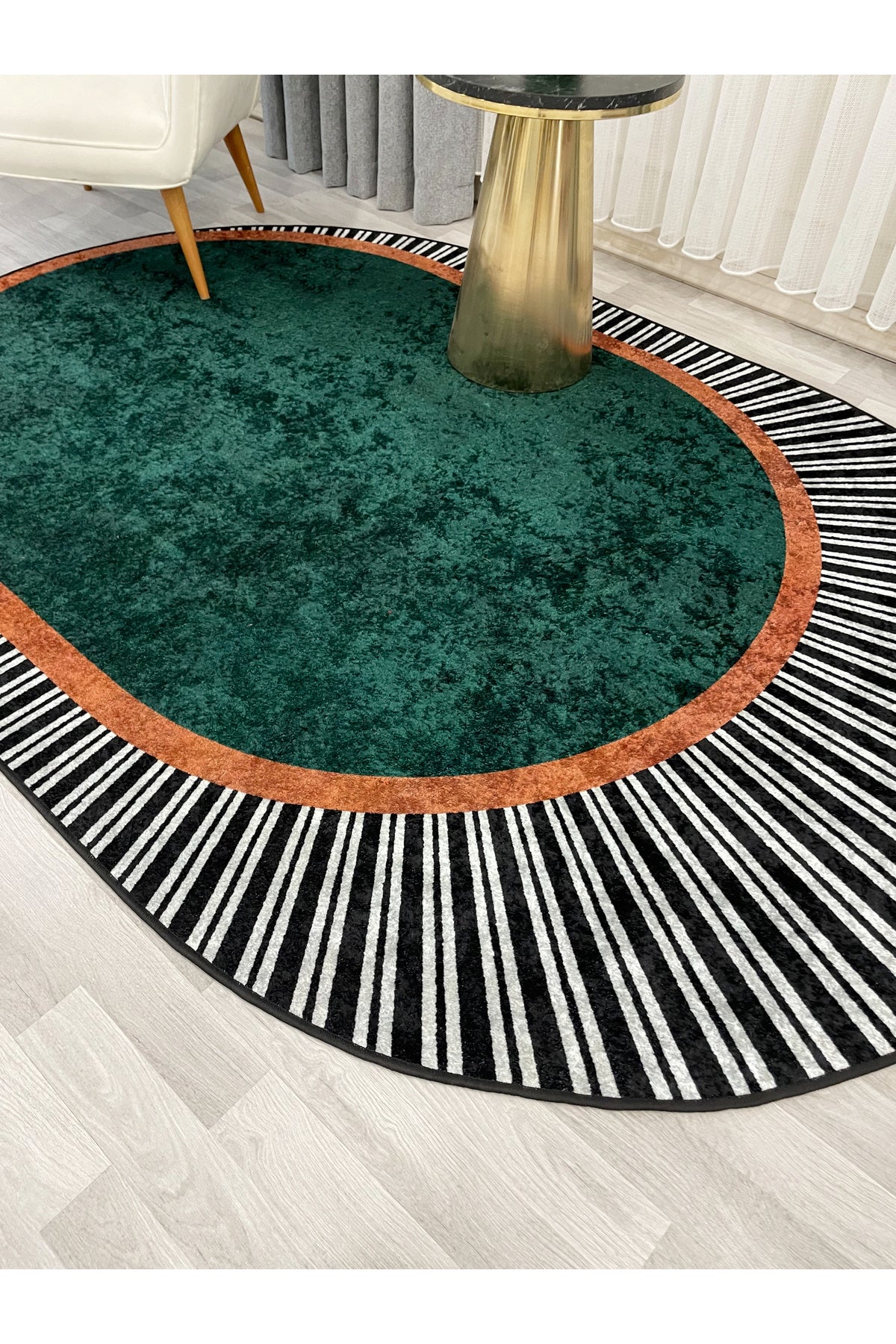YEŞİL Renk Çizgili Oval Kaymaz Taban Halı