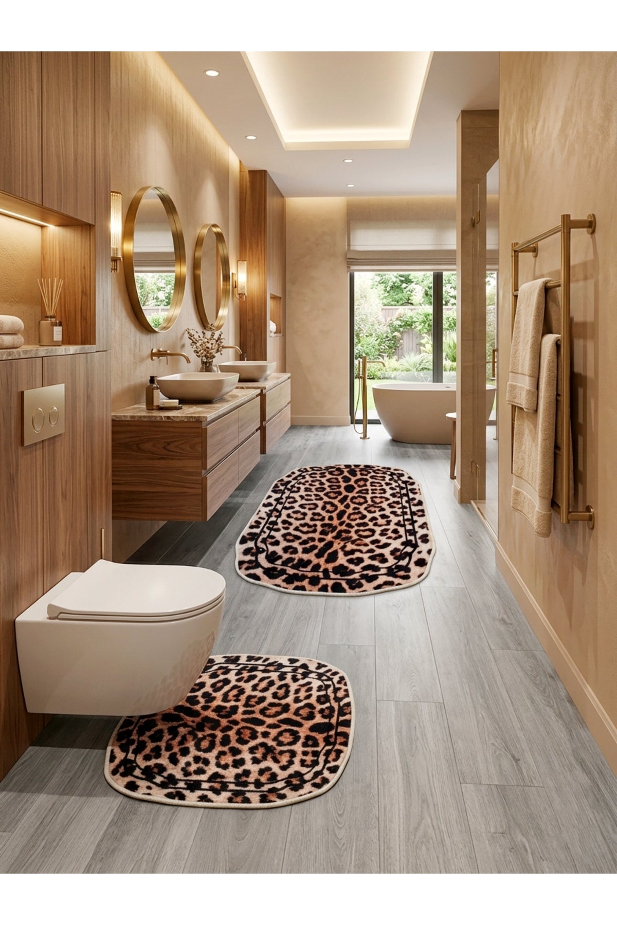 2'li Leopar Desen Lateks Taban Banyo Paspası (70x110-45x55)