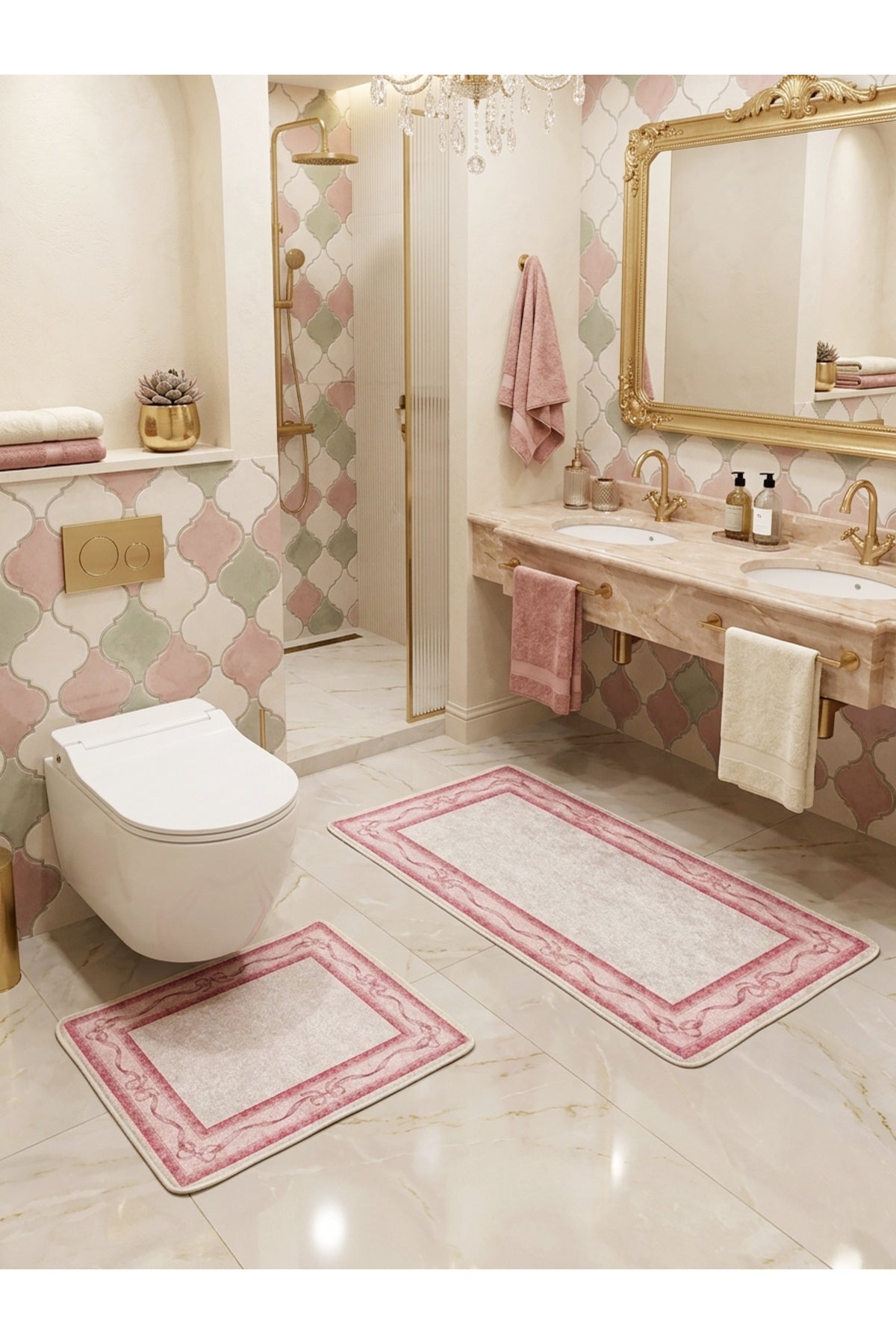 2'li Fiyonklu Bordürlü Lateks Taban Banyo Paspası (60x100-60x50)