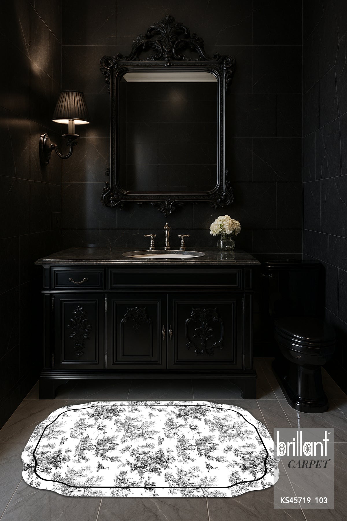 Toile de Jouy Temalı Tekli Lateks Taban Banyo Paspası (80X120)