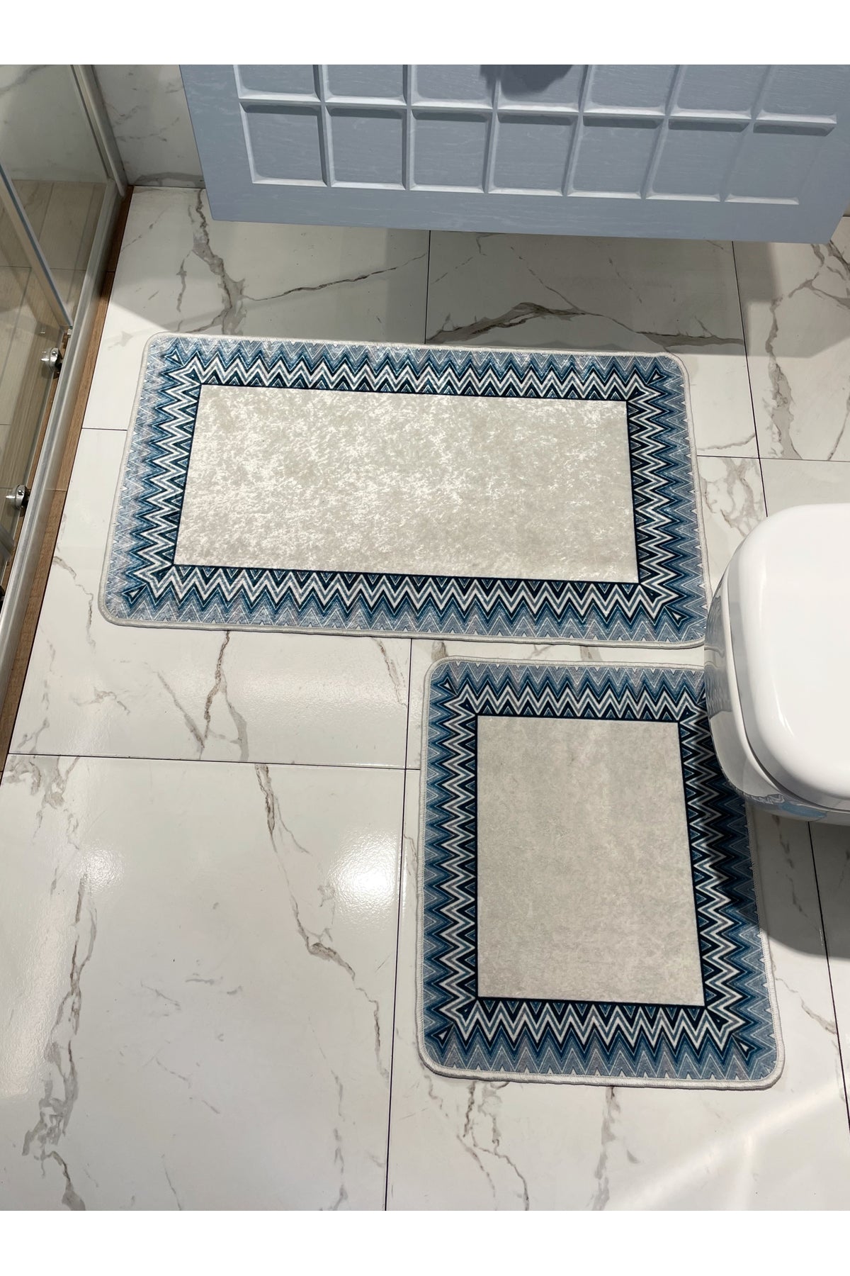 Mint Yeşil - Zigzag Desenli Deri Taban 2 li Banyo Paspas (60x100 - 60x50)