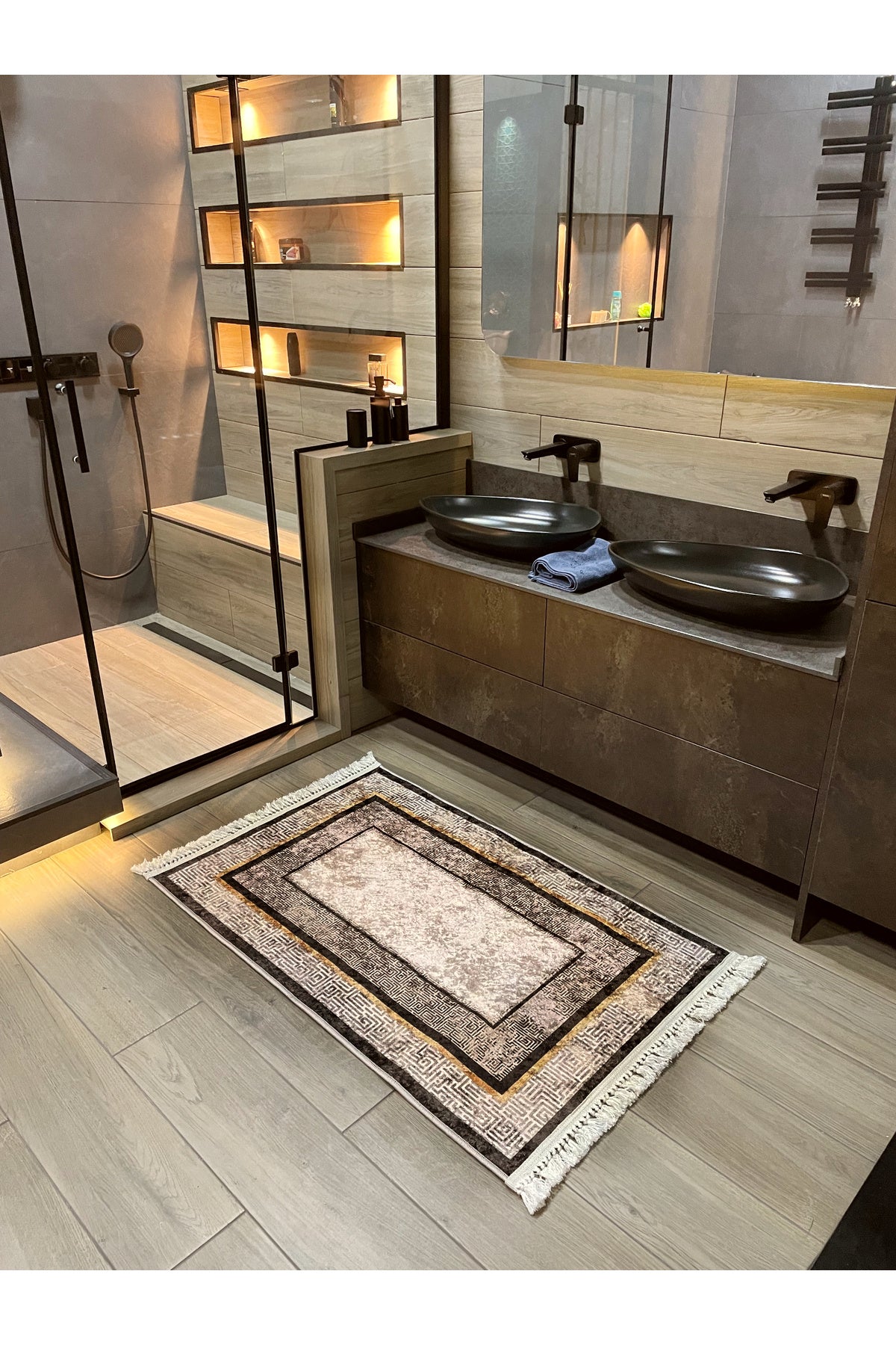 80X120 Ölçü Eskitme Görünümlü Kaymaz Taban Kahverengi Banyo Paspası