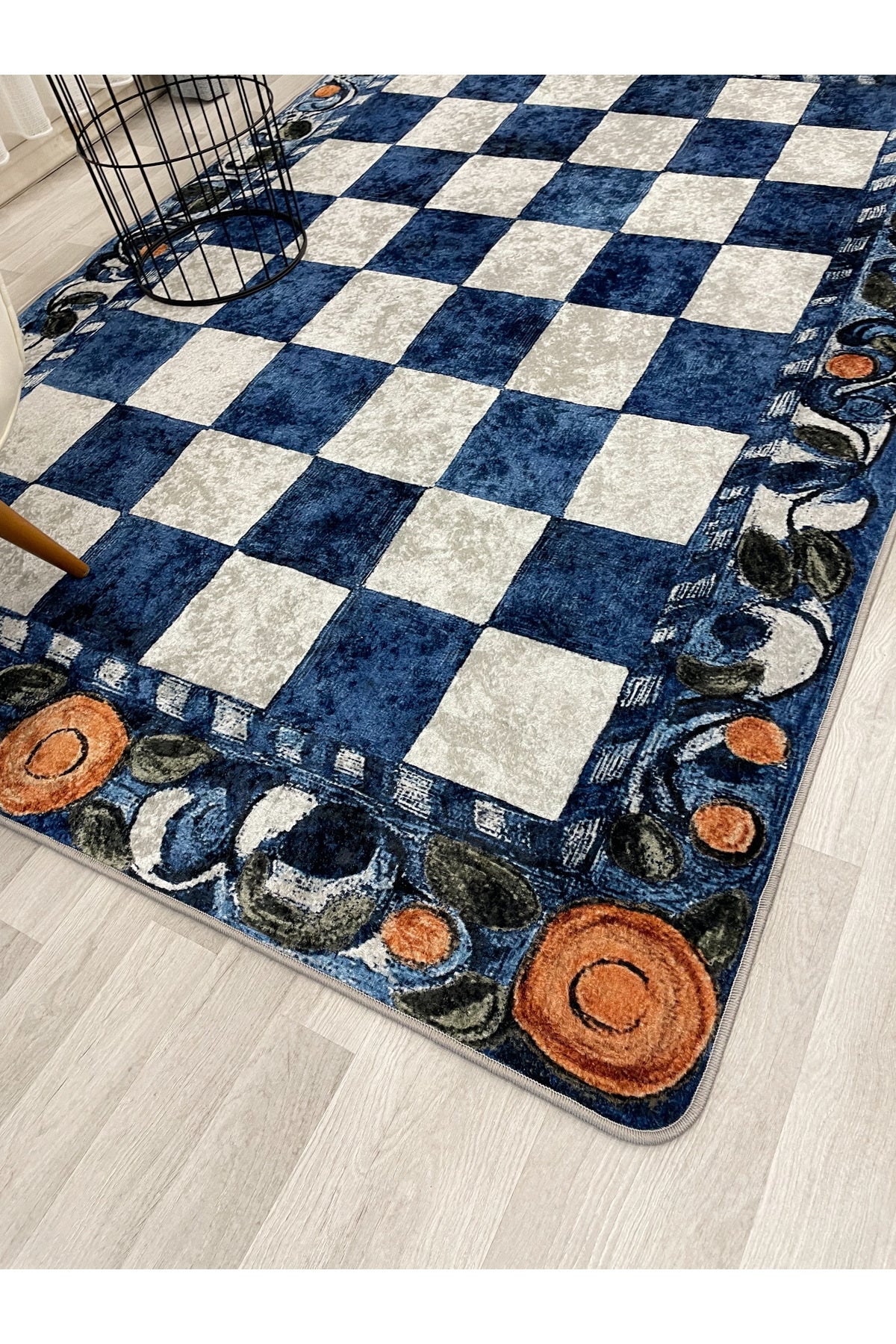 Bej Turuncu Dama Desenli Kaymaz Taban Mutfak Halısı