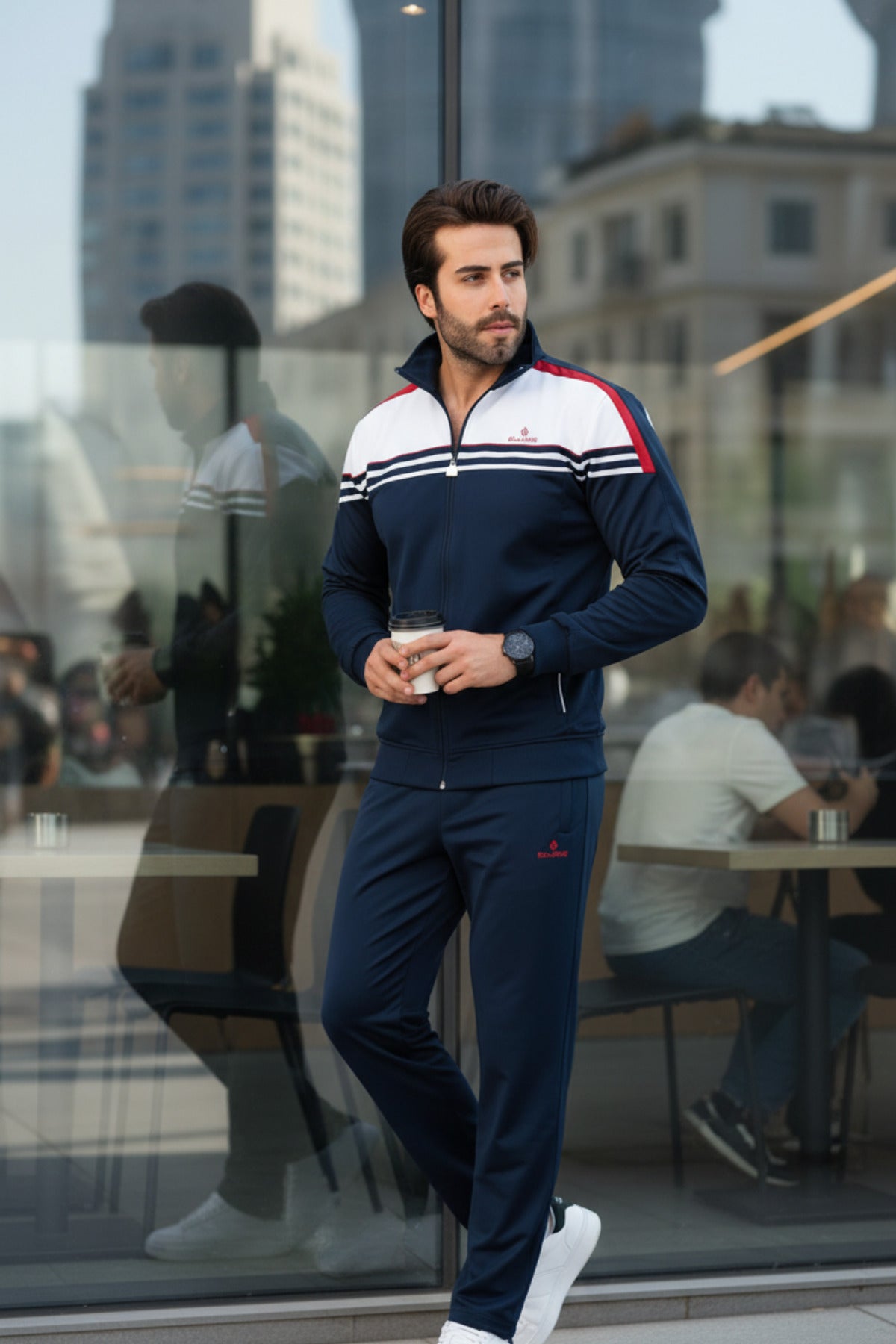 Erkek Lacivert Şeritli Eşofman Takımı Rahat Kalıp Spor Günlük Kullanım Alt Üst Takım