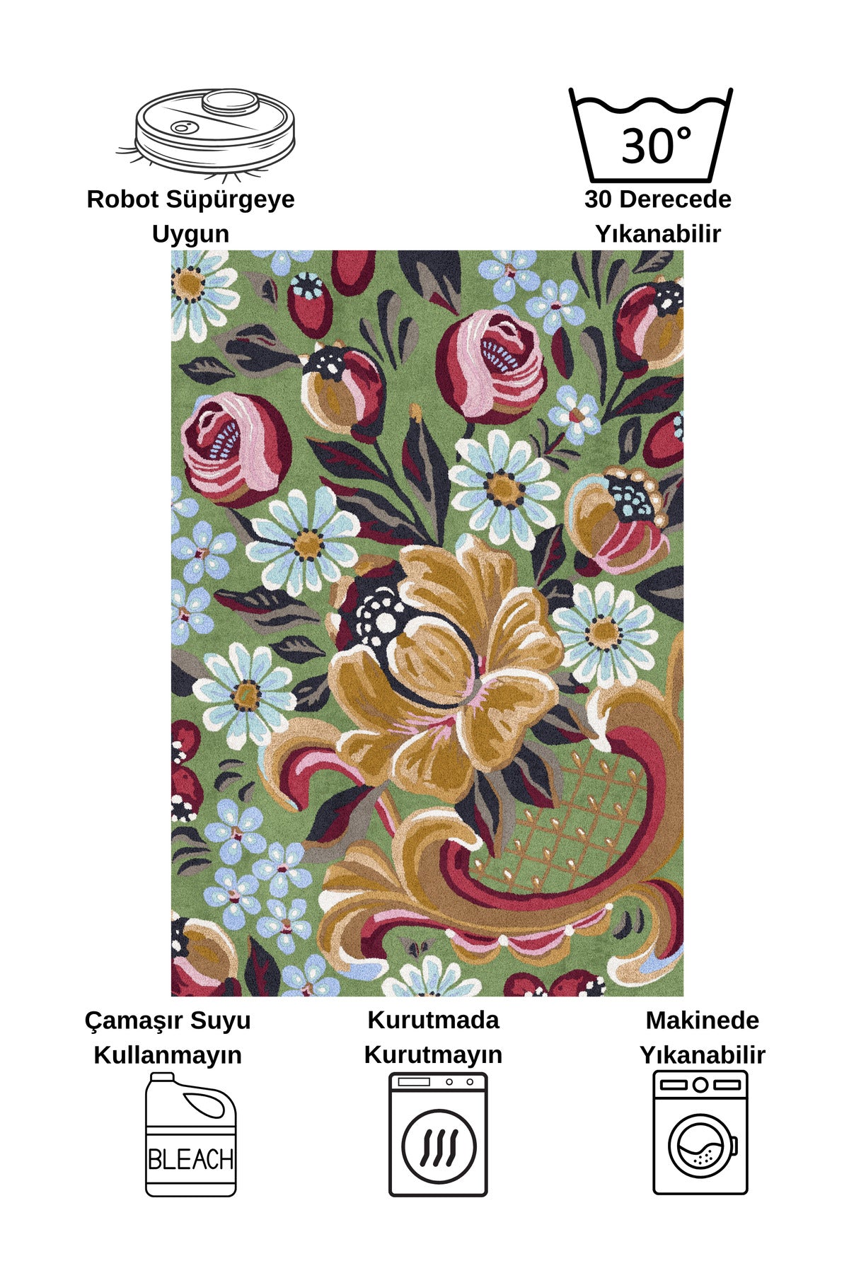 Yeşil Çiçek Desenli Floral Lateks Taban Halı