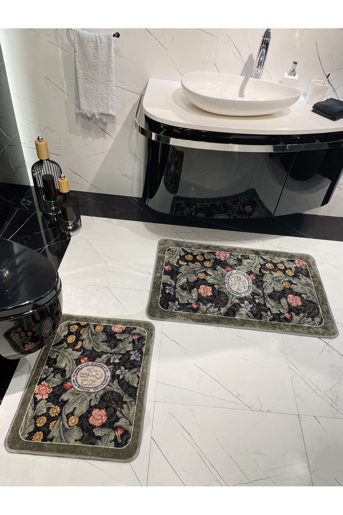 2 li Çiçek Desenli 60x100 - 60x50 Botanic Lateks Taban Banyo Paspas