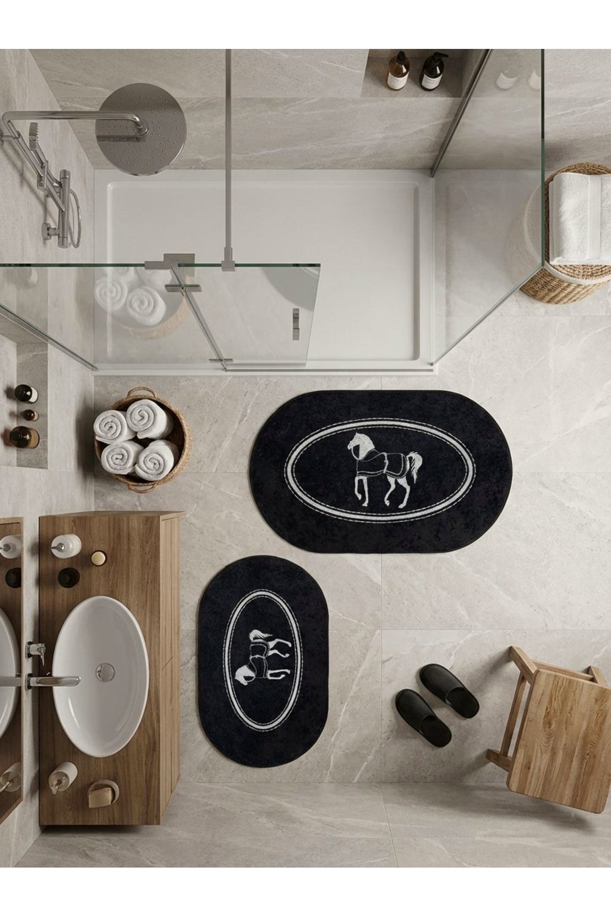 Siyah At Desen Horse Desenli 2'li Deri Taban Banyo Paspas (60x100 - 60x50)
