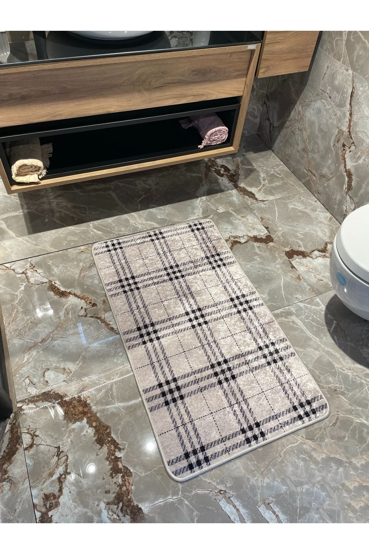 Tekli Ekose Desen Banyo Paspası - Bej (60X100 Ölçü)