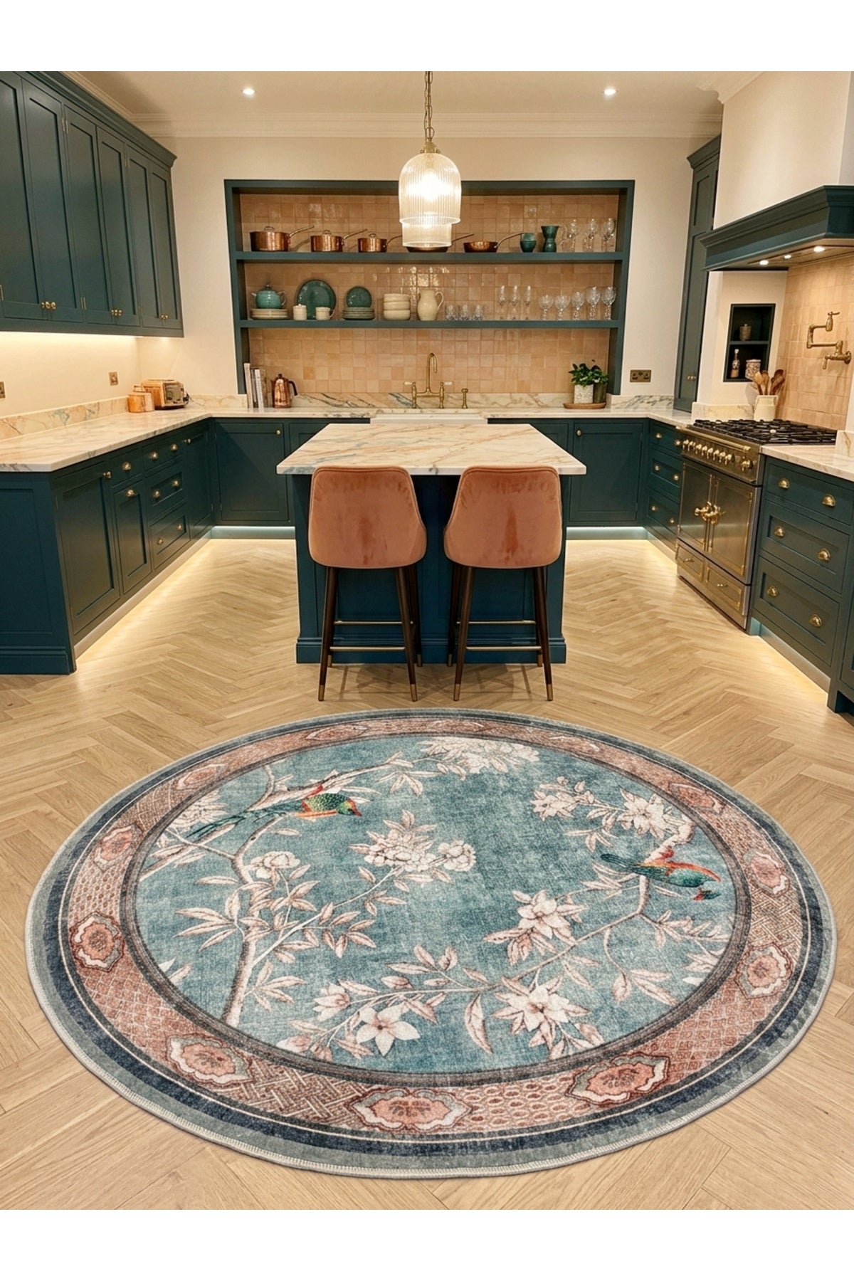 Soft Mavi Kuş Desenli Lateks Taban Oval Halı