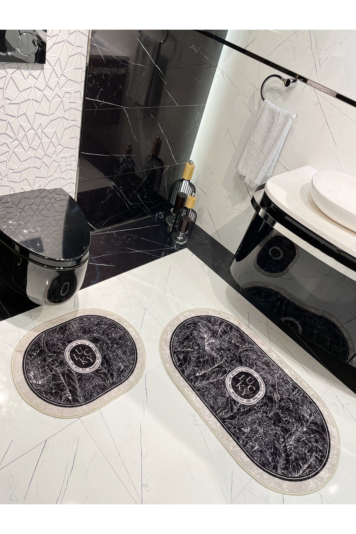 2 li Çiçek Desenli 60x100 - 60x50 Lucky Lateks Taban Banyo Paspas