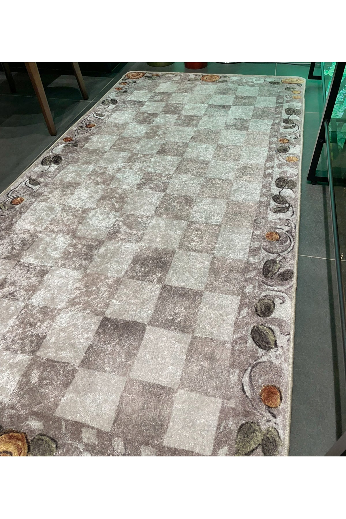 Bej Turuncu Dama Desenli Kaymaz Taban Mutfak Halısı