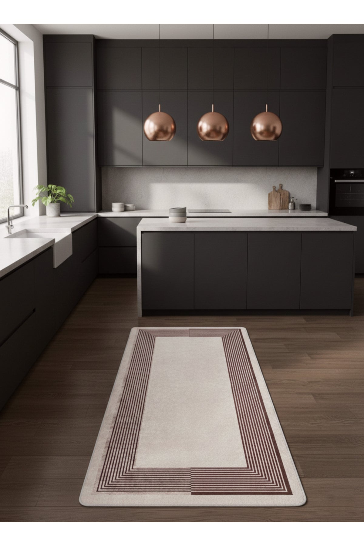 Modern Çizgili Bej-Siyah Renk Lateks Taban Salon ve Yolluk Antre Halı